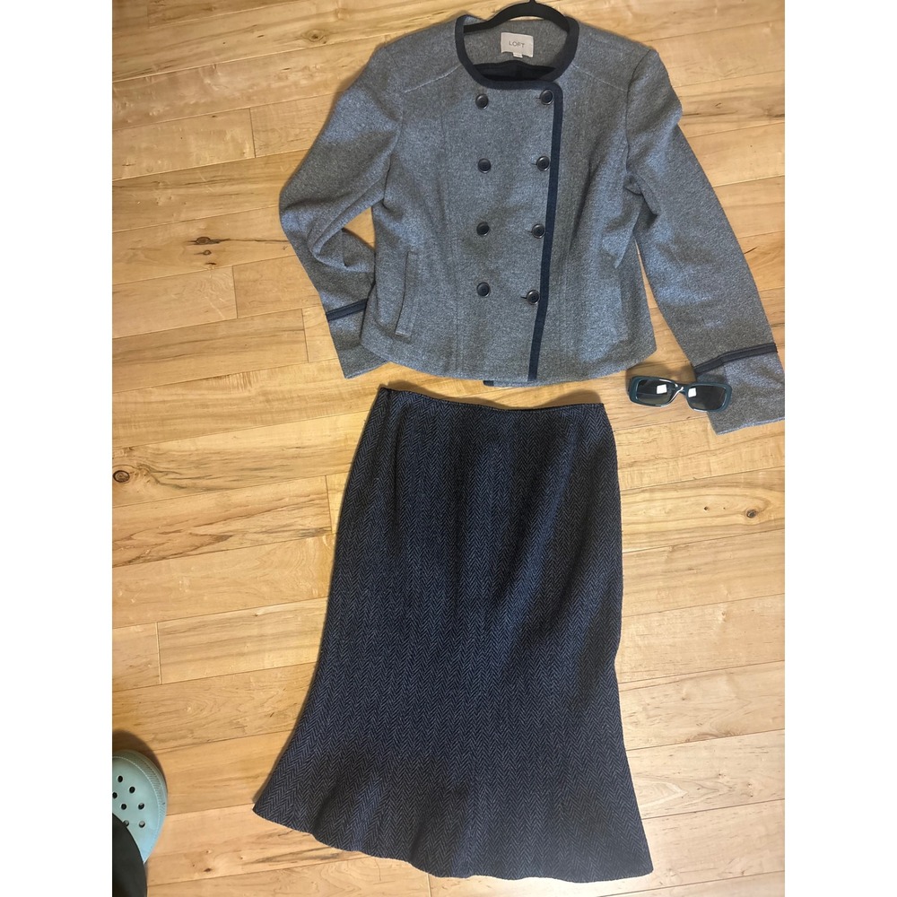 Ralph Lauren Herringbone Wool Blend Trumpet Midi Skirt Navy Grey Size 4